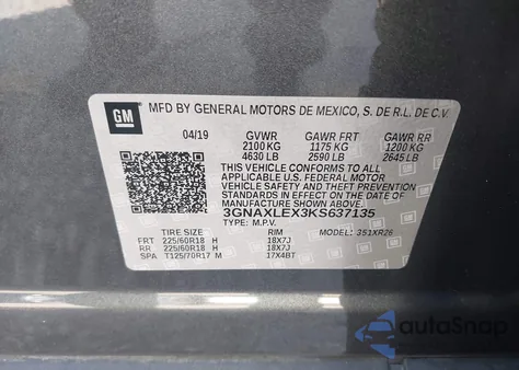 2019 Chevrolet Equinox Lt z USA, uszkodzony, nr VIN 3GNAXLEX3KS637135